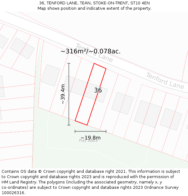 36, TENFORD LANE, TEAN, STOKE-ON-TRENT, ST10 4EN: Plot and title map