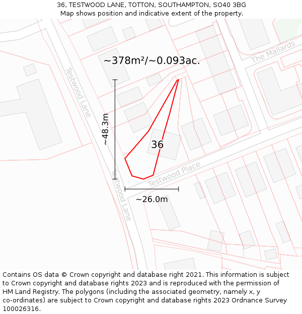 36, TESTWOOD LANE, TOTTON, SOUTHAMPTON, SO40 3BG: Plot and title map