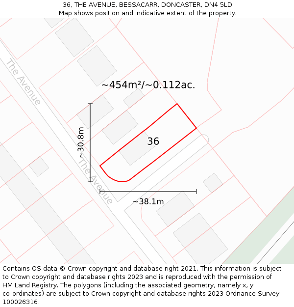 36, THE AVENUE, BESSACARR, DONCASTER, DN4 5LD: Plot and title map