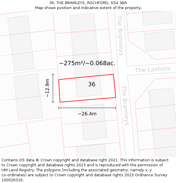 36, THE BRAMLEYS, ROCHFORD, SS4 3BA: Plot and title map