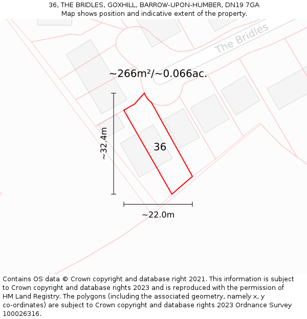36, THE BRIDLES, GOXHILL, BARROW-UPON-HUMBER, DN19 7GA: Plot and title map