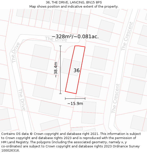 36, THE DRIVE, LANCING, BN15 8PS: Plot and title map