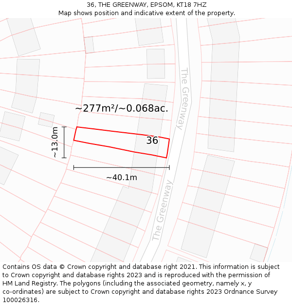 36, THE GREENWAY, EPSOM, KT18 7HZ: Plot and title map