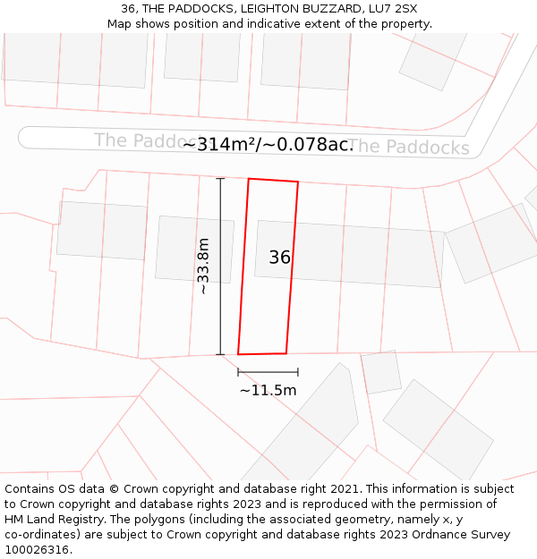 36, THE PADDOCKS, LEIGHTON BUZZARD, LU7 2SX: Plot and title map
