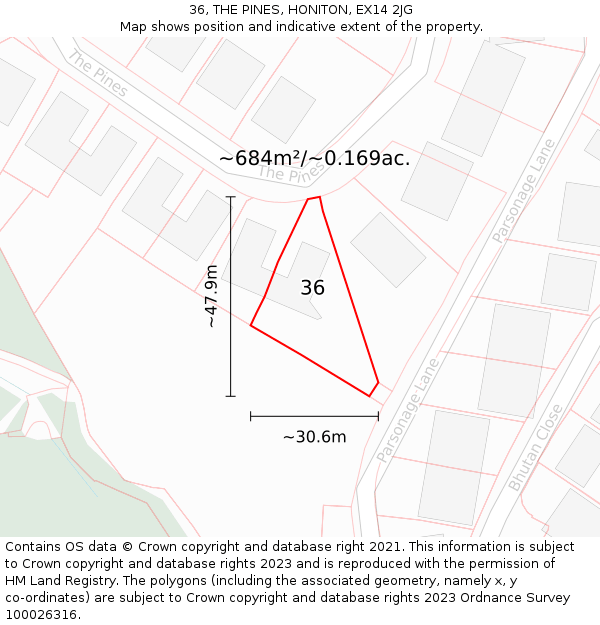 36, THE PINES, HONITON, EX14 2JG: Plot and title map