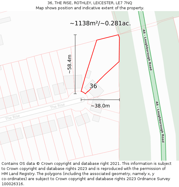 36, THE RISE, ROTHLEY, LEICESTER, LE7 7NQ: Plot and title map
