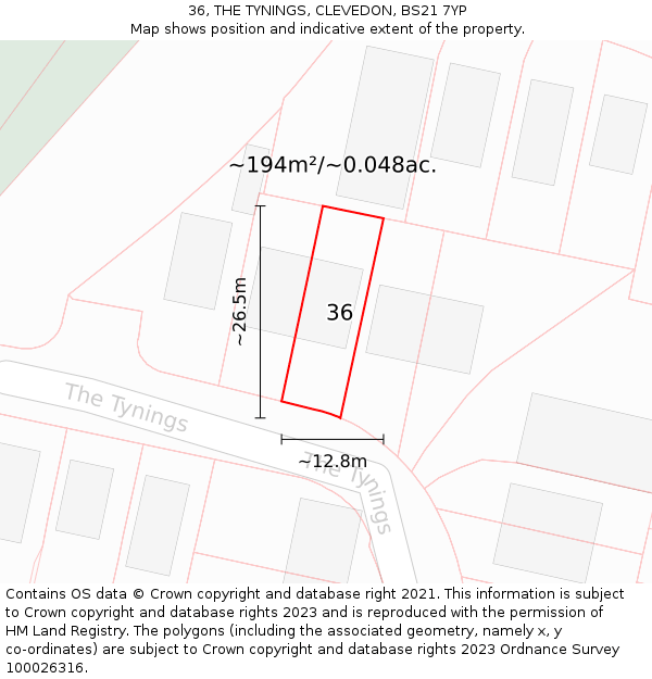 36, THE TYNINGS, CLEVEDON, BS21 7YP: Plot and title map