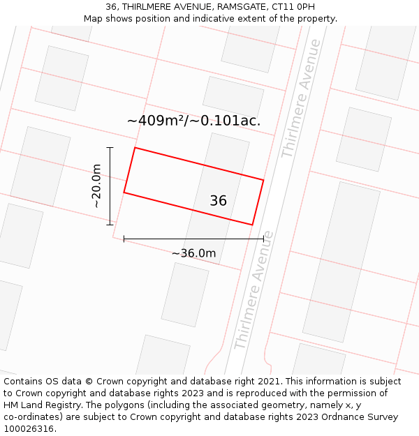 36, THIRLMERE AVENUE, RAMSGATE, CT11 0PH: Plot and title map