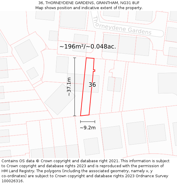 36, THORNEYDENE GARDENS, GRANTHAM, NG31 8UF: Plot and title map