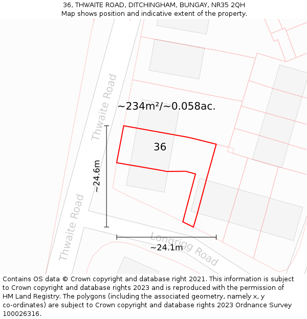 36, THWAITE ROAD, DITCHINGHAM, BUNGAY, NR35 2QH: Plot and title map