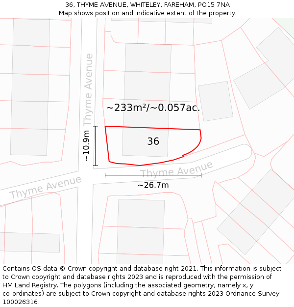 36, THYME AVENUE, WHITELEY, FAREHAM, PO15 7NA: Plot and title map