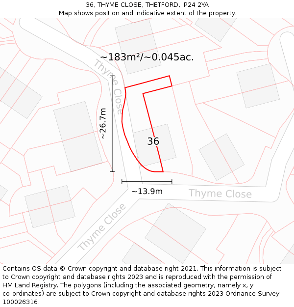 36, THYME CLOSE, THETFORD, IP24 2YA: Plot and title map