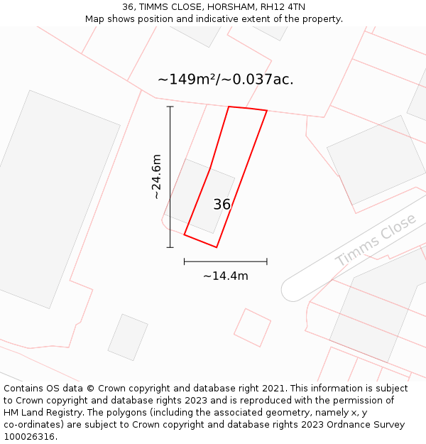 36, TIMMS CLOSE, HORSHAM, RH12 4TN: Plot and title map