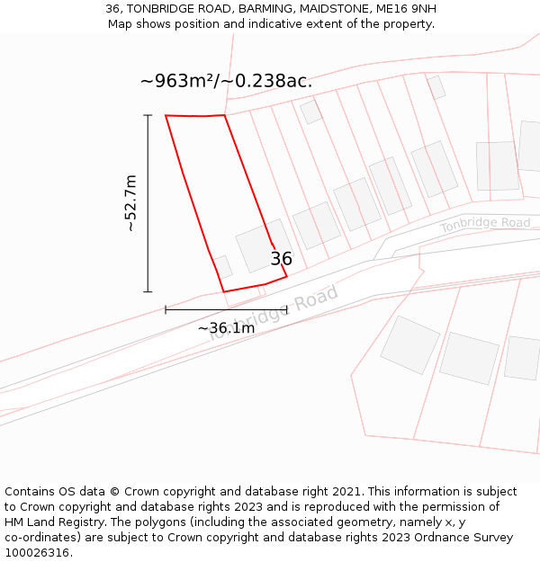 36, TONBRIDGE ROAD, BARMING, MAIDSTONE, ME16 9NH: Plot and title map