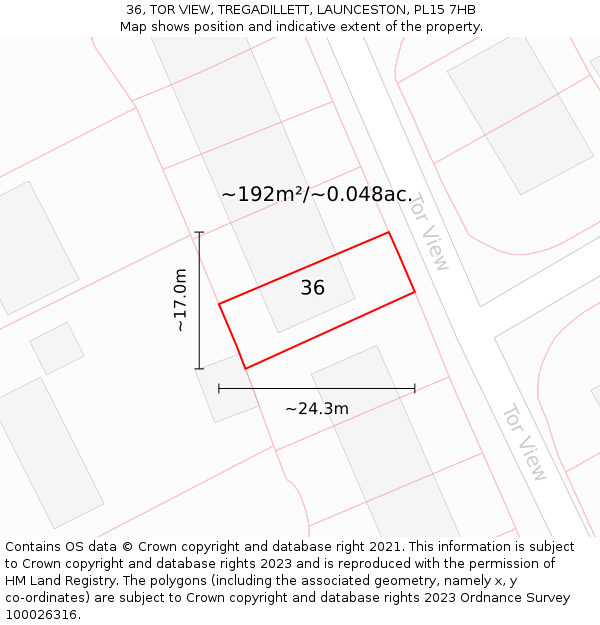 36, TOR VIEW, TREGADILLETT, LAUNCESTON, PL15 7HB: Plot and title map