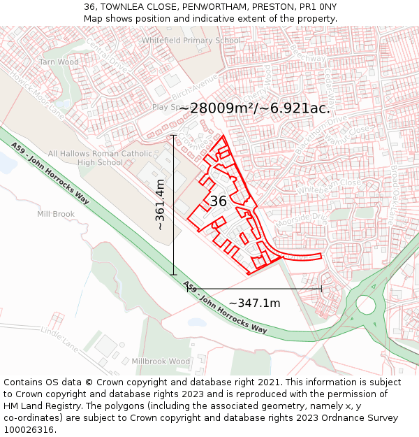 36, TOWNLEA CLOSE, PENWORTHAM, PRESTON, PR1 0NY: Plot and title map