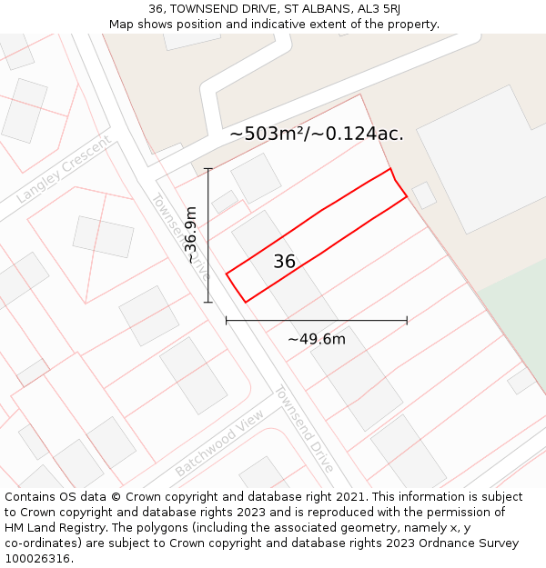 36, TOWNSEND DRIVE, ST ALBANS, AL3 5RJ: Plot and title map