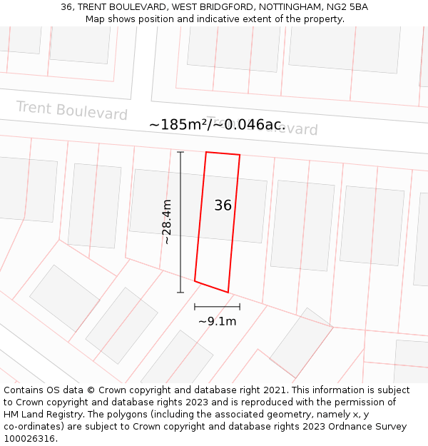 36, TRENT BOULEVARD, WEST BRIDGFORD, NOTTINGHAM, NG2 5BA: Plot and title map