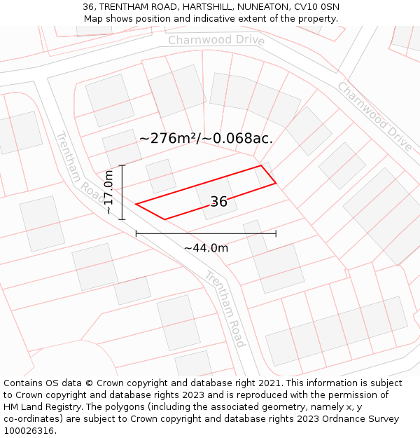 36, TRENTHAM ROAD, HARTSHILL, NUNEATON, CV10 0SN: Plot and title map