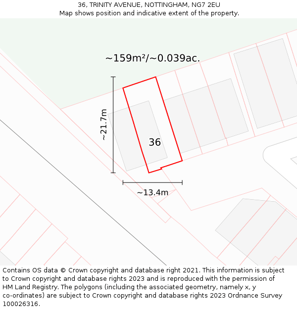 36, TRINITY AVENUE, NOTTINGHAM, NG7 2EU: Plot and title map