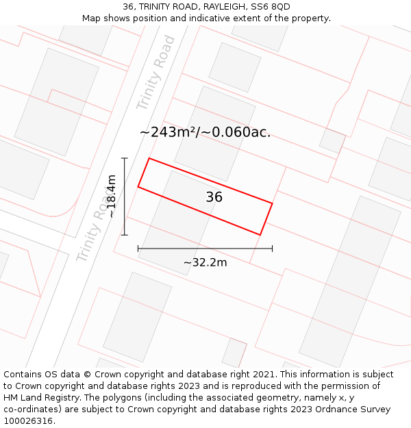 36, TRINITY ROAD, RAYLEIGH, SS6 8QD: Plot and title map