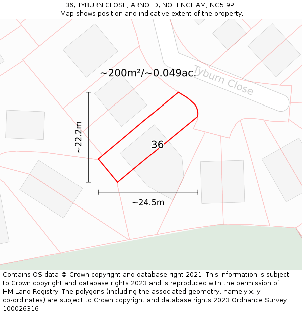 36, TYBURN CLOSE, ARNOLD, NOTTINGHAM, NG5 9PL: Plot and title map