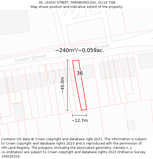 36, UNION STREET, FARNBOROUGH, GU14 7QB: Plot and title map