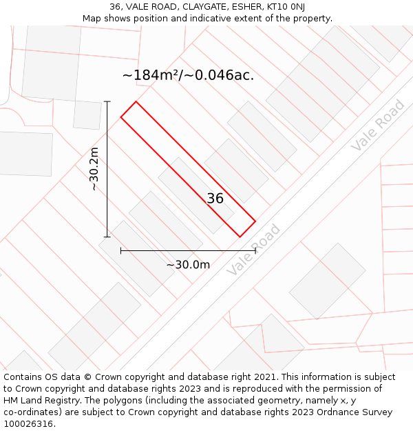 36, VALE ROAD, CLAYGATE, ESHER, KT10 0NJ: Plot and title map