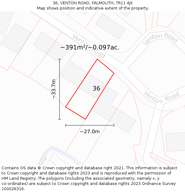 36, VENTON ROAD, FALMOUTH, TR11 4JX: Plot and title map