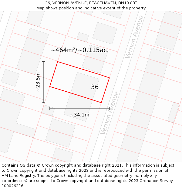 36, VERNON AVENUE, PEACEHAVEN, BN10 8RT: Plot and title map