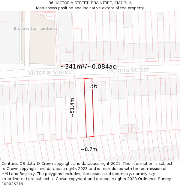 36, VICTORIA STREET, BRAINTREE, CM7 3HN: Plot and title map