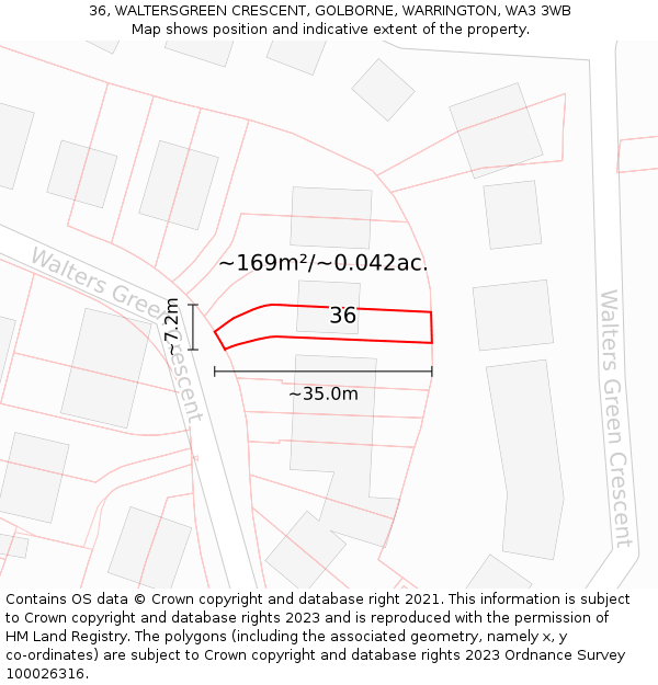 36, WALTERSGREEN CRESCENT, GOLBORNE, WARRINGTON, WA3 3WB: Plot and title map