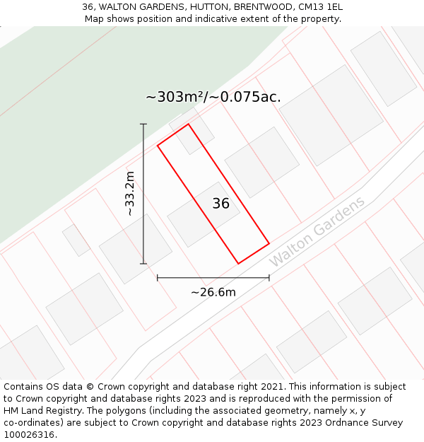 36, WALTON GARDENS, HUTTON, BRENTWOOD, CM13 1EL: Plot and title map