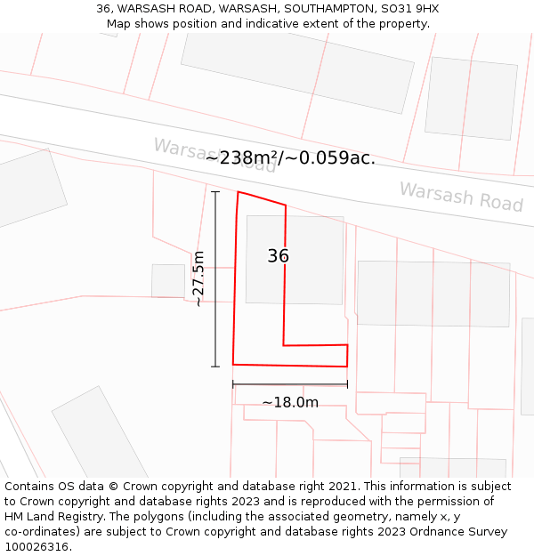 36, WARSASH ROAD, WARSASH, SOUTHAMPTON, SO31 9HX: Plot and title map