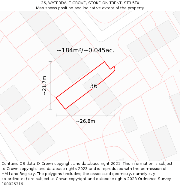 36, WATERDALE GROVE, STOKE-ON-TRENT, ST3 5TX: Plot and title map