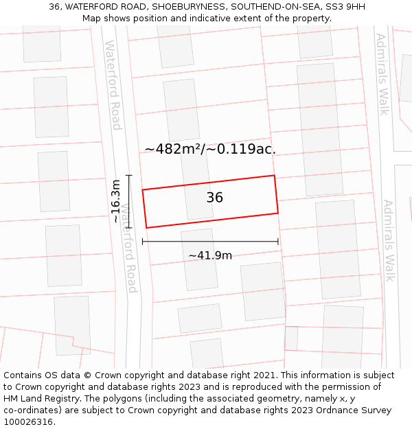 36, WATERFORD ROAD, SHOEBURYNESS, SOUTHEND-ON-SEA, SS3 9HH: Plot and title map