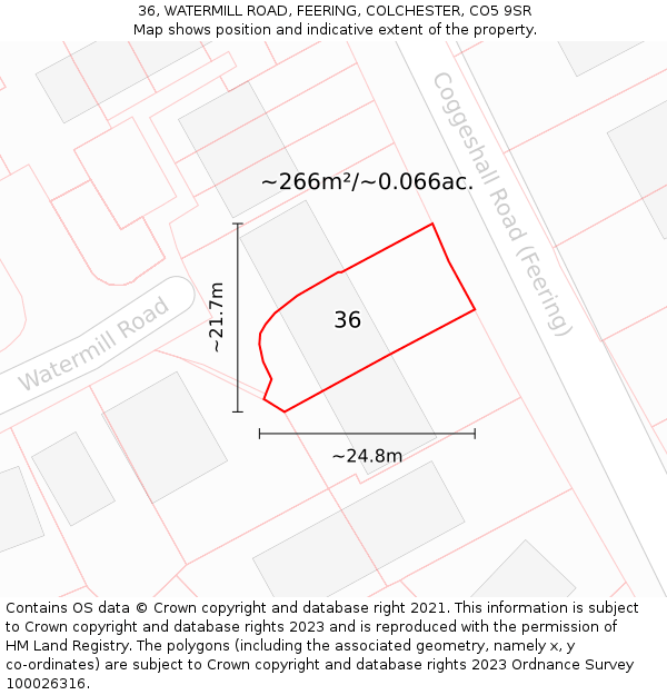 36, WATERMILL ROAD, FEERING, COLCHESTER, CO5 9SR: Plot and title map