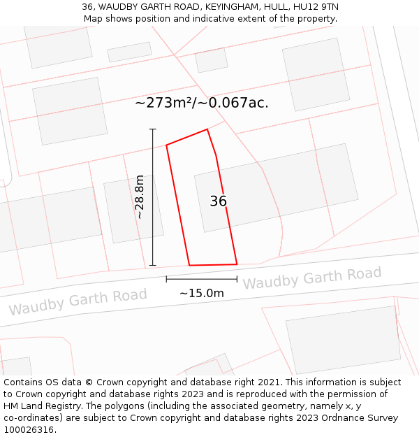 36, WAUDBY GARTH ROAD, KEYINGHAM, HULL, HU12 9TN: Plot and title map