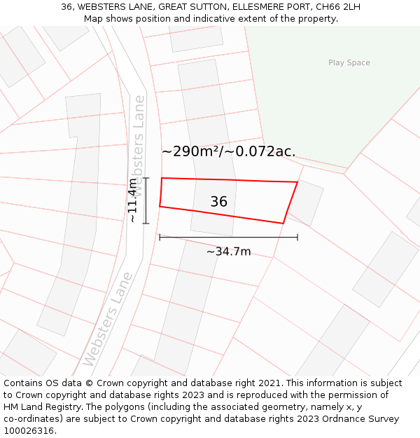 36, WEBSTERS LANE, GREAT SUTTON, ELLESMERE PORT, CH66 2LH: Plot and title map