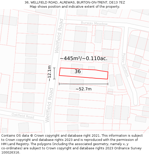 36, WELLFIELD ROAD, ALREWAS, BURTON-ON-TRENT, DE13 7EZ: Plot and title map