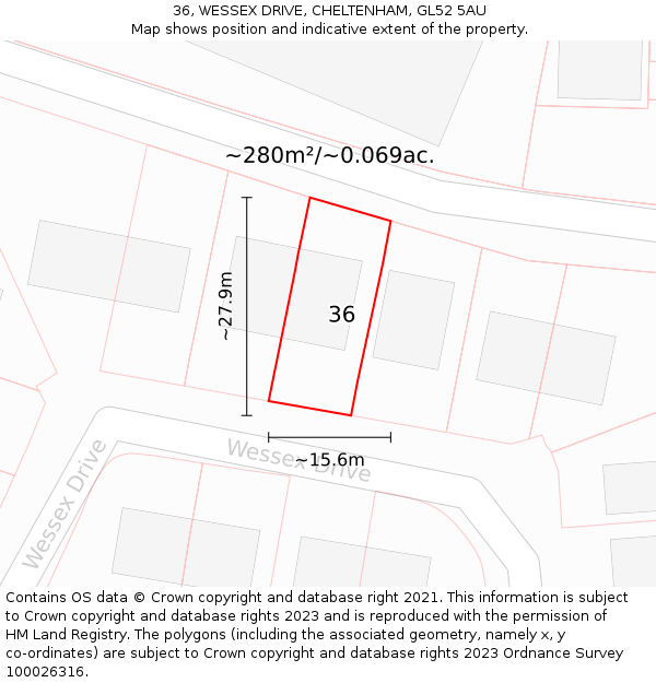 36, WESSEX DRIVE, CHELTENHAM, GL52 5AU: Plot and title map