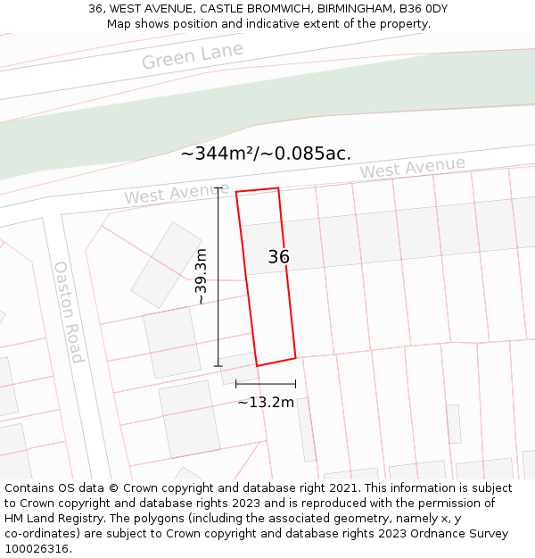 36, WEST AVENUE, CASTLE BROMWICH, BIRMINGHAM, B36 0DY: Plot and title map