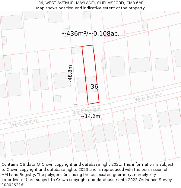 36, WEST AVENUE, MAYLAND, CHELMSFORD, CM3 6AF: Plot and title map