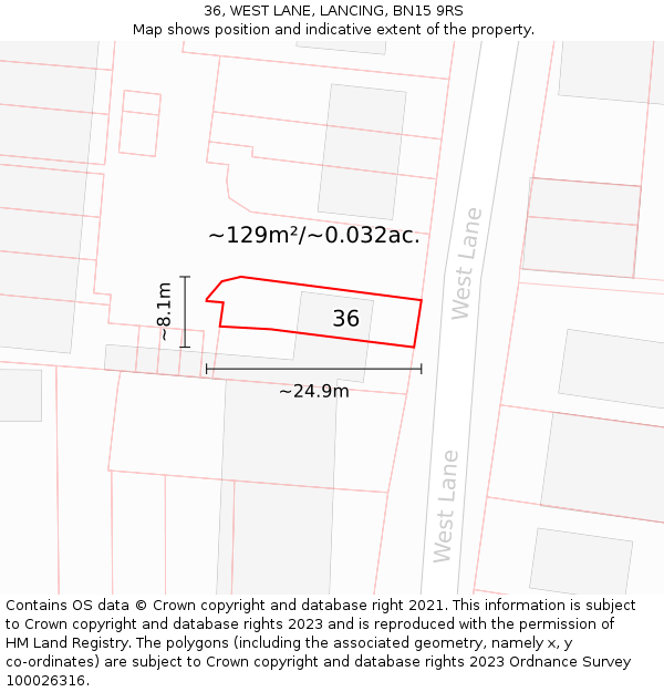 36, WEST LANE, LANCING, BN15 9RS: Plot and title map