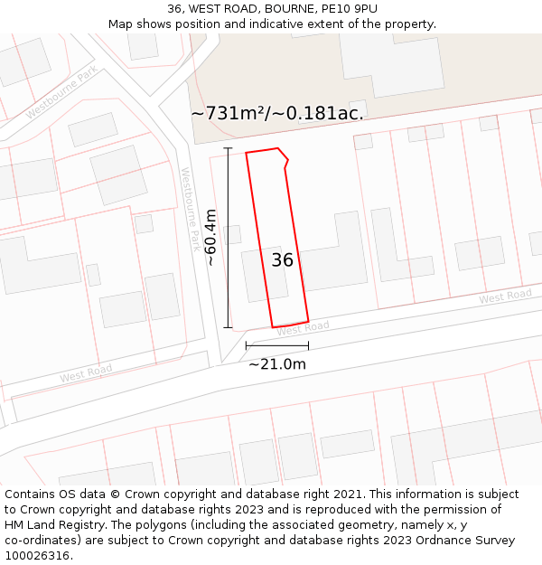 36, WEST ROAD, BOURNE, PE10 9PU: Plot and title map