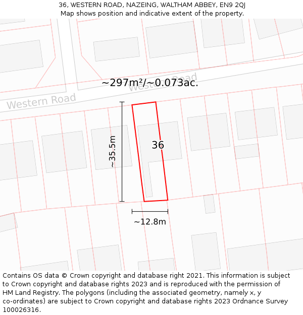 36, WESTERN ROAD, NAZEING, WALTHAM ABBEY, EN9 2QJ: Plot and title map