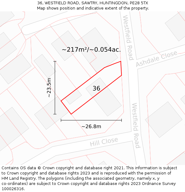 36, WESTFIELD ROAD, SAWTRY, HUNTINGDON, PE28 5TX: Plot and title map