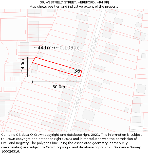 36, WESTFIELD STREET, HEREFORD, HR4 9PJ: Plot and title map