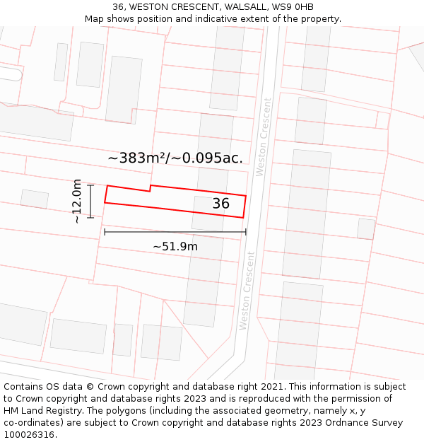 36, WESTON CRESCENT, WALSALL, WS9 0HB: Plot and title map