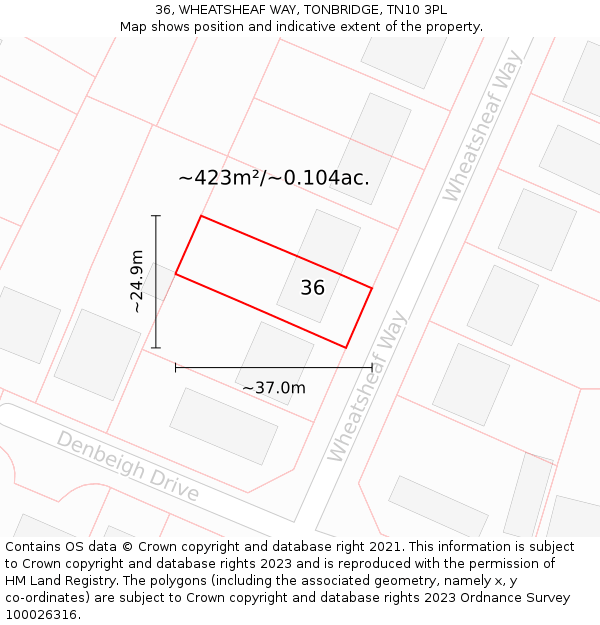 36, WHEATSHEAF WAY, TONBRIDGE, TN10 3PL: Plot and title map